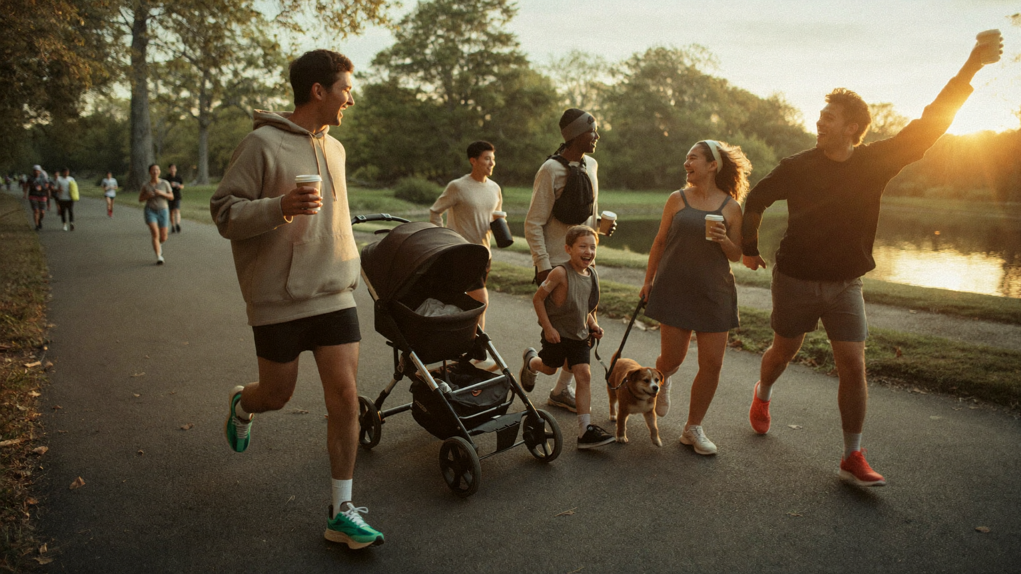 A crew of friends and family walking at sunrise with coffee