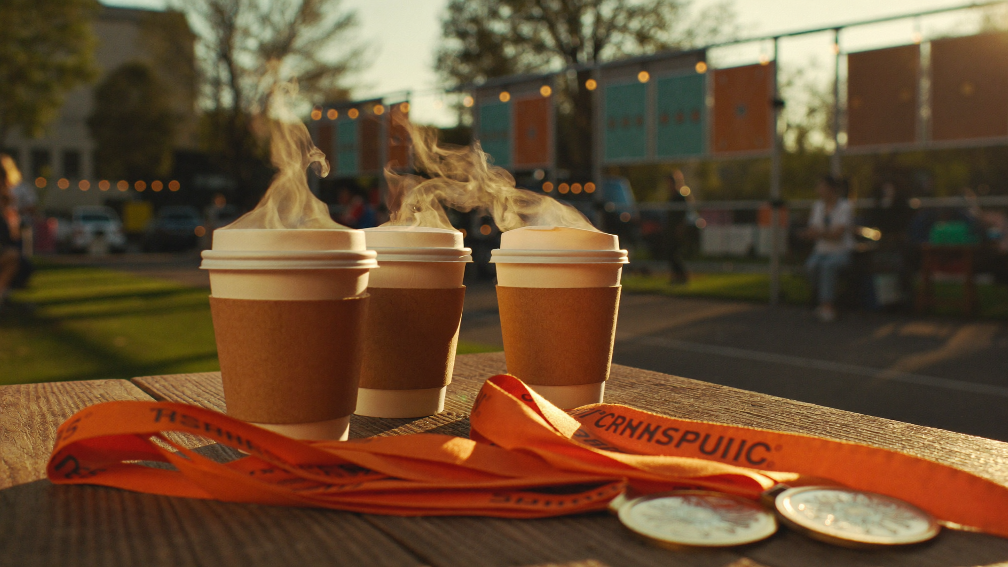 Finish-line coffee garden at golden hour — steaming cups, medals and string lights