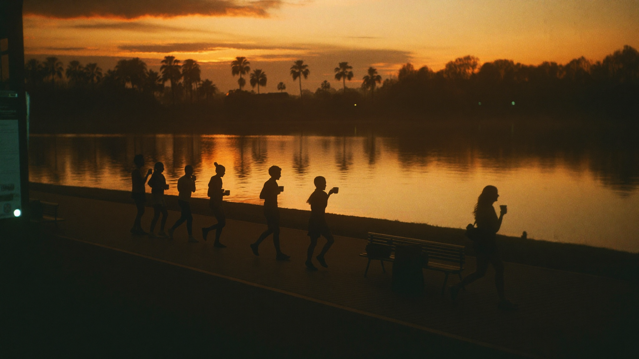 Sunrise over the lake with runners on the path