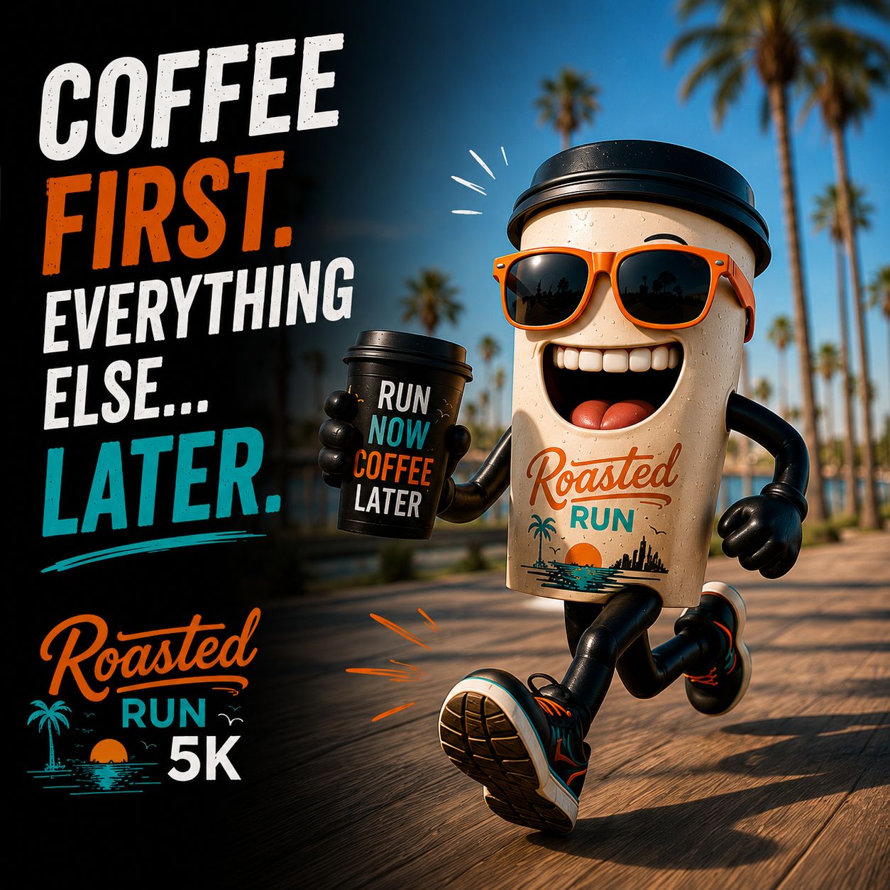 Coffee first. Everything else… later — the Roasted Run mascot mid-stride