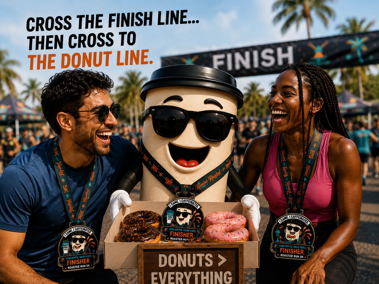 Cross the finish line… then cross to the donut line — finishers with medals and donuts