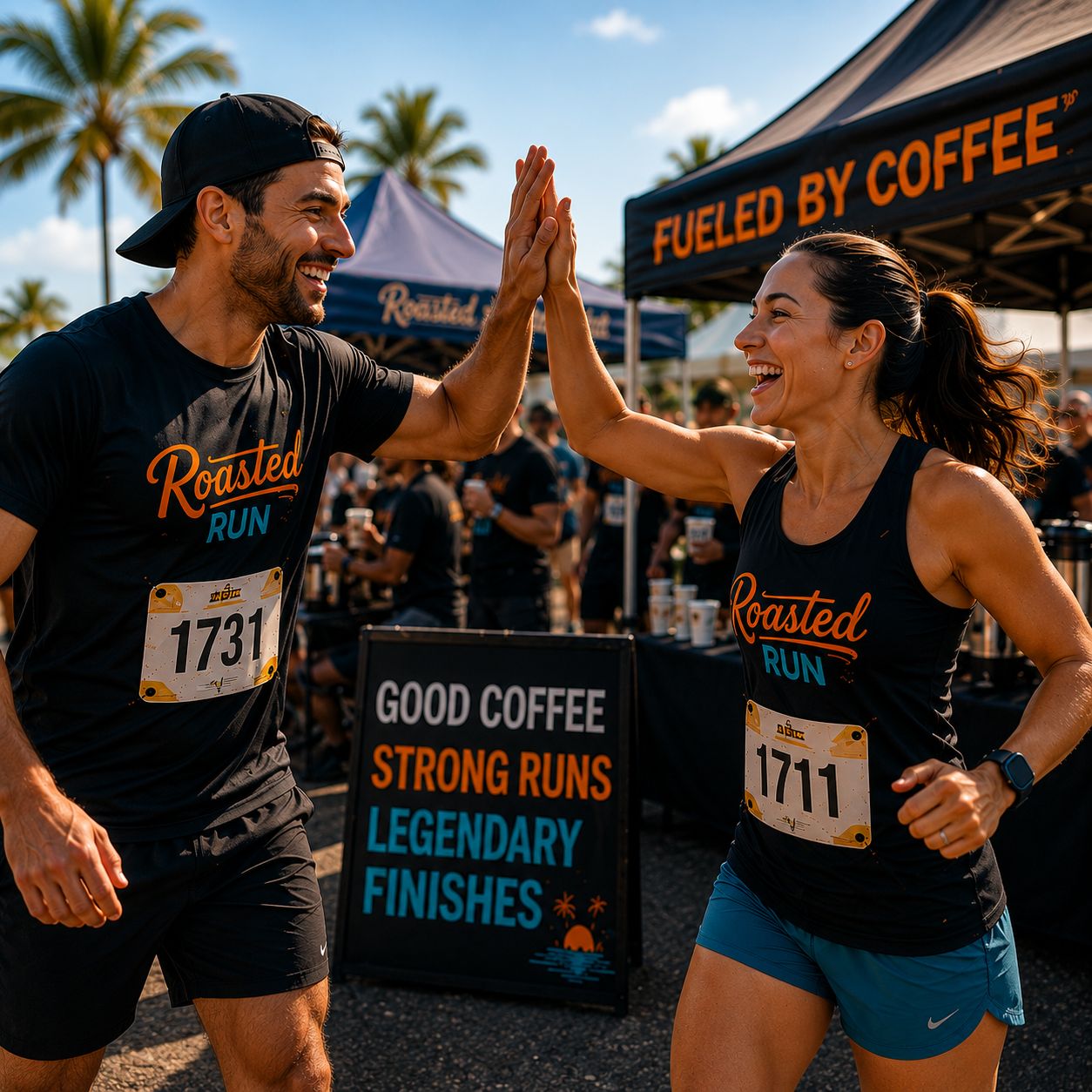 Good coffee. Strong runs. Legendary finishes — runners high-five at the finish