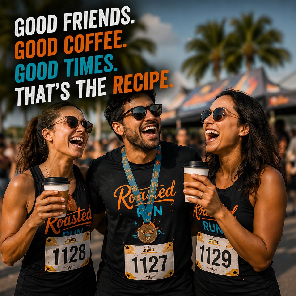 Friends laughing with coffee after the run